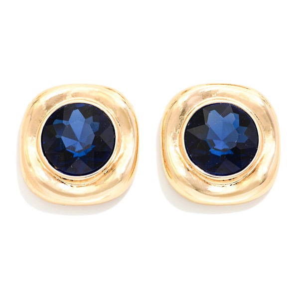 Crystal Button Stud Earrings with a round faceted glass stone set in a puffy, softly squared metal frame. The sculpted setting gives a bold, modern edge while the stone adds rich sparkle near the face. Post backs and a lightweight build make them comfortable for all day wear. Sparkling statement studs are a holiday season favorite, and at this price they are an easy gift and impulse add at checkout.