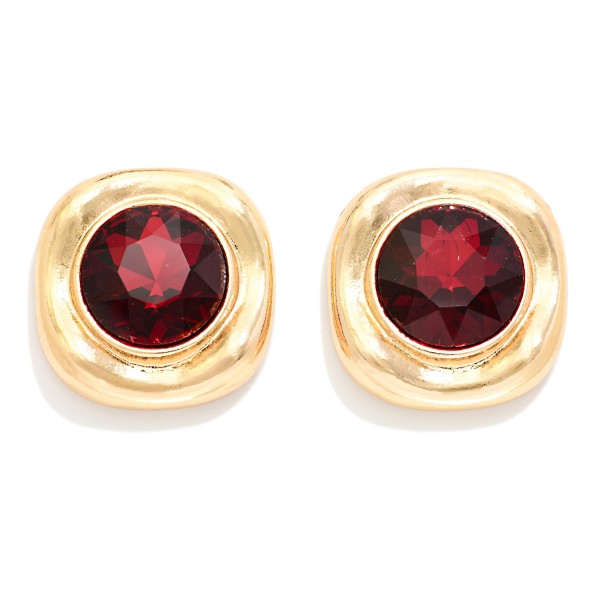 Crystal Button Stud Earrings with a round faceted glass stone set in a puffy, softly squared metal frame. The sculpted setting gives a bold, modern edge while the stone adds rich sparkle near the face. Post backs and a lightweight build make them comfortable for all day wear. Sparkling statement studs are a holiday season favorite, and at this price they are an easy gift and impulse add at checkout.