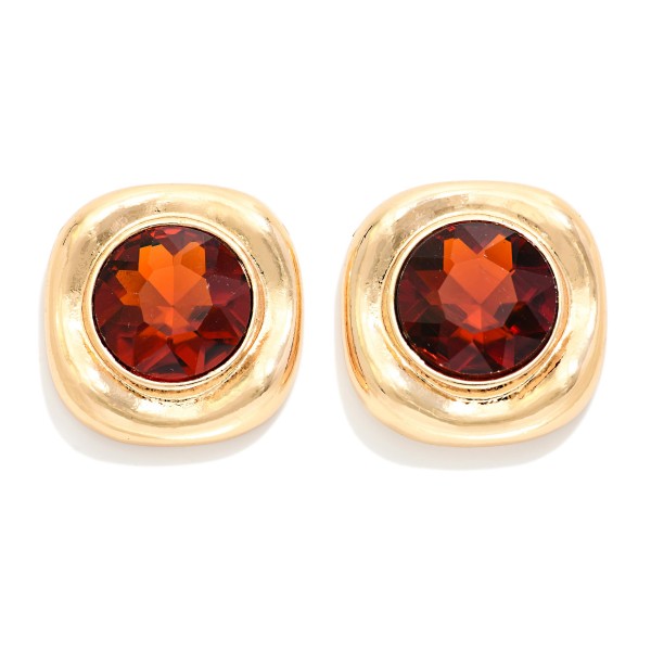Crystal Button Stud Earrings with a round faceted glass stone set in a puffy, softly squared metal frame. The sculpted setting gives a bold, modern edge while the stone adds rich sparkle near the face. Post backs and a lightweight build make them comfortable for all day wear. Sparkling statement studs are a holiday season favorite, and at this price they are an easy gift and impulse add at checkout.