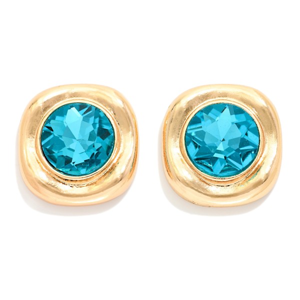 Crystal Button Stud Earrings with a round faceted glass stone set in a puffy, softly squared metal frame. The sculpted setting gives a bold, modern edge while the stone adds rich sparkle near the face. Post backs and a lightweight build make them comfortable for all day wear. Sparkling statement studs are a holiday season favorite, and at this price they are an easy gift and impulse add at checkout.