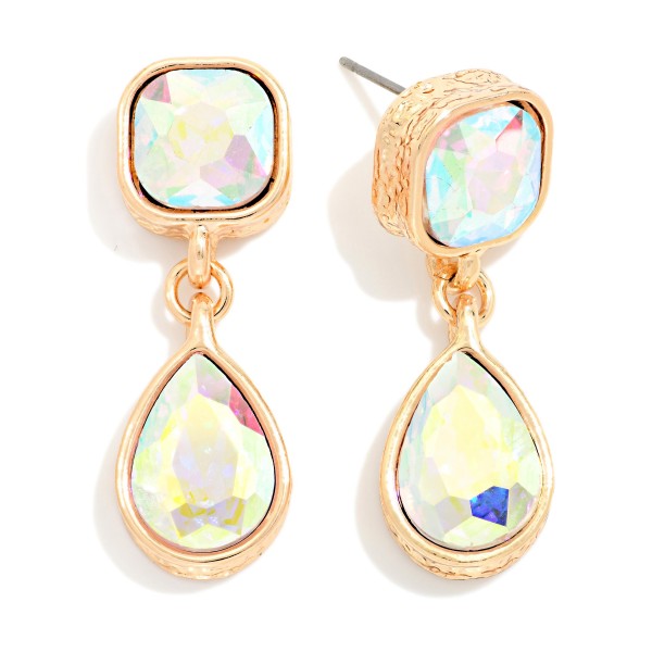 Crystal Teardrop Drop Earrings featuring a cushion cut glass stone at the ear and a faceted teardrop that dangles below, each set in a polished bezel. The double stone design catches light with every movement, making them ideal for weddings, proms, holiday parties, and nights out. Lightweight post backs keep them comfortable for hours. Sparkling drop earrings are a top gifting category, and this classic silhouette appeals to shoppers of every style.