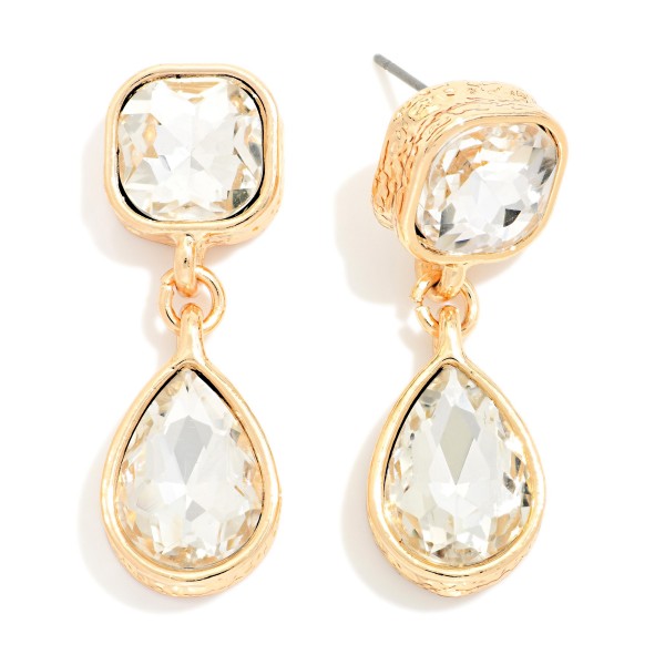 Crystal Teardrop Drop Earrings featuring a cushion cut glass stone at the ear and a faceted teardrop that dangles below, each set in a polished bezel. The double stone design catches light with every movement, making them ideal for weddings, proms, holiday parties, and nights out. Lightweight post backs keep them comfortable for hours. Sparkling drop earrings are a top gifting category, and this classic silhouette appeals to shoppers of every style.