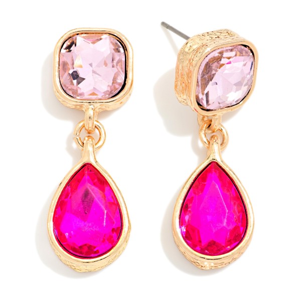 Crystal Teardrop Drop Earrings featuring a cushion cut glass stone at the ear and a faceted teardrop that dangles below, each set in a polished bezel. The double stone design catches light with every movement, making them ideal for weddings, proms, holiday parties, and nights out. Lightweight post backs keep them comfortable for hours. Sparkling drop earrings are a top gifting category, and this classic silhouette appeals to shoppers of every style.