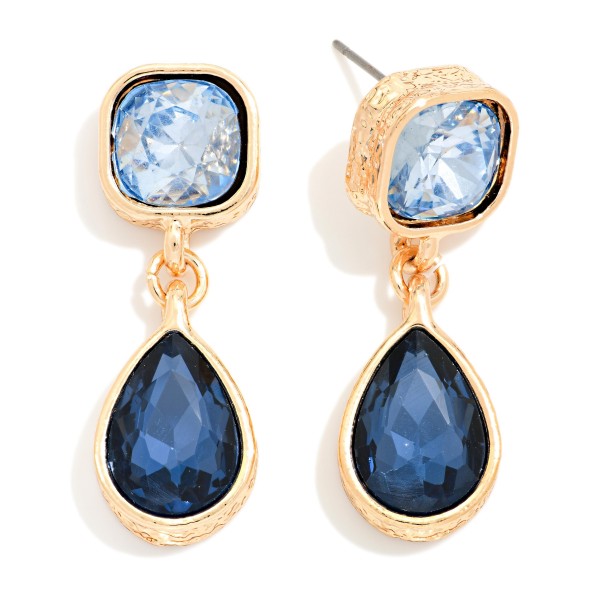 Crystal Teardrop Drop Earrings featuring a cushion cut glass stone at the ear and a faceted teardrop that dangles below, each set in a polished bezel. The double stone design catches light with every movement, making them ideal for weddings, proms, holiday parties, and nights out. Lightweight post backs keep them comfortable for hours. Sparkling drop earrings are a top gifting category, and this classic silhouette appeals to shoppers of every style.