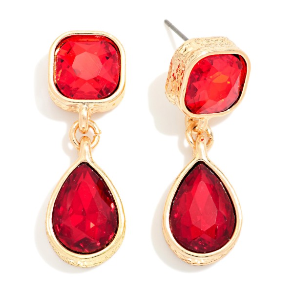 Crystal Teardrop Drop Earrings featuring a cushion cut glass stone at the ear and a faceted teardrop that dangles below, each set in a polished bezel. The double stone design catches light with every movement, making them ideal for weddings, proms, holiday parties, and nights out. Lightweight post backs keep them comfortable for hours. Sparkling drop earrings are a top gifting category, and this classic silhouette appeals to shoppers of every style.