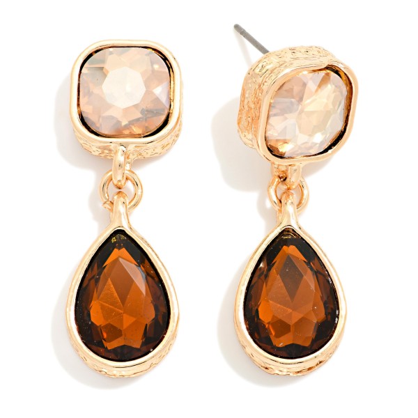 Crystal Teardrop Drop Earrings featuring a cushion cut glass stone at the ear and a faceted teardrop that dangles below, each set in a polished bezel. The double stone design catches light with every movement, making them ideal for weddings, proms, holiday parties, and nights out. Lightweight post backs keep them comfortable for hours. Sparkling drop earrings are a top gifting category, and this classic silhouette appeals to shoppers of every style.