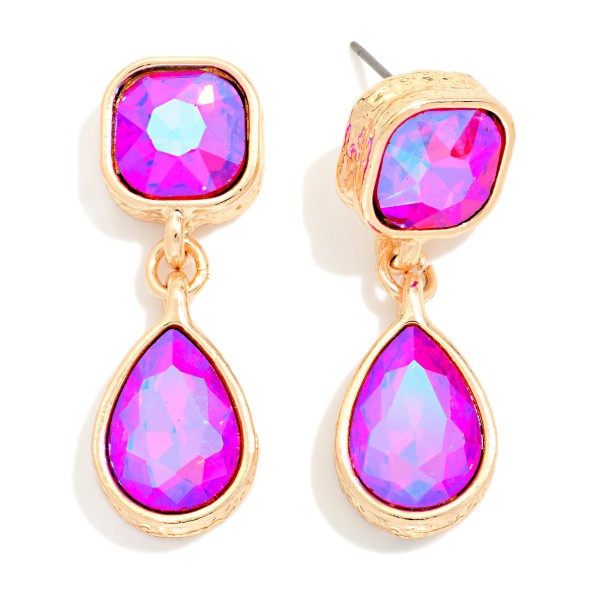 Crystal Teardrop Drop Earrings featuring a cushion cut glass stone at the ear and a faceted teardrop that dangles below, each set in a polished bezel. The double stone design catches light with every movement, making them ideal for weddings, proms, holiday parties, and nights out. Lightweight post backs keep them comfortable for hours. Sparkling drop earrings are a top gifting category, and this classic silhouette appeals to shoppers of every style.
