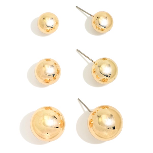 Ball Stud Earring Set with three pairs of polished metal ball studs in small, medium, and large sizes. Wear one pair for a clean minimalist look or stack all three across multiple piercings. Lightweight posts make them comfortable for everyday wear, from the gym to the office. Classic ball studs are an essential basic that customers come back for again and again, and a value trio like this makes an easy gift and quick add on sale.