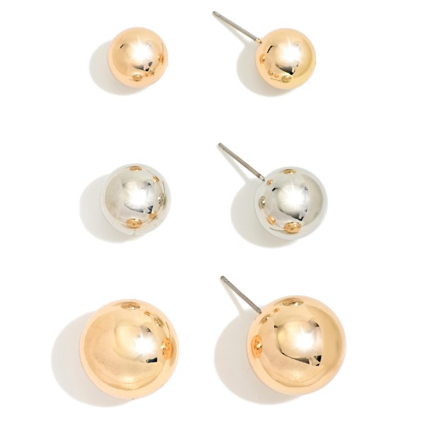 Ball Stud Earring Set with three pairs of polished metal ball studs in small, medium, and large sizes. Wear one pair for a clean minimalist look or stack all three across multiple piercings. Lightweight posts make them comfortable for everyday wear, from the gym to the office. Classic ball studs are an essential basic that customers come back for again and again, and a value trio like this makes an easy gift and quick add on sale.
