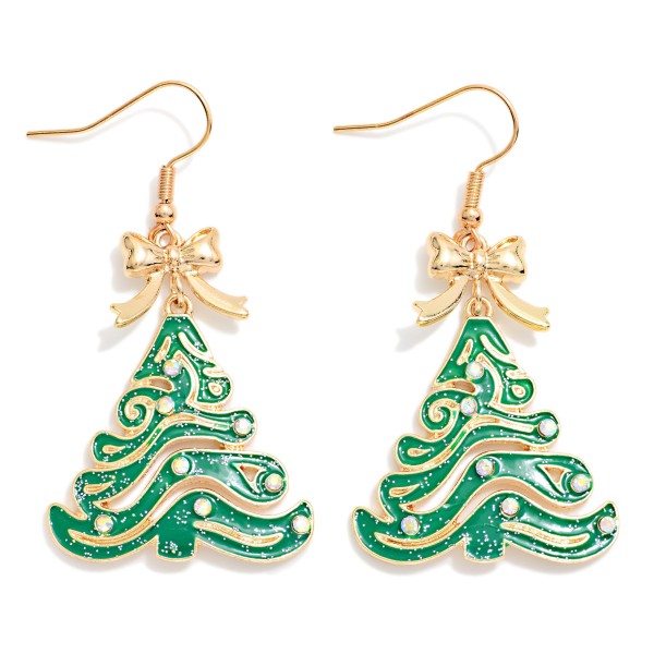 Filigree Christmas Tree Drop Earrings with swirling enamel branches, faux pearl accents and a bow topper on fishhook wires. The open cutout design keeps them light while the polished metal outlines add a dressy holiday shine. Ideal for church services, Christmas parties and holiday photos. A classic tree silhouette that appeals to every age and sells through all season.