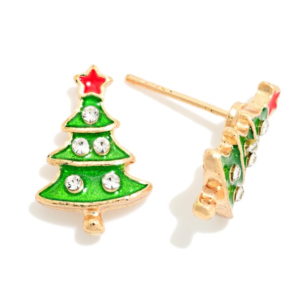 Christmas Tree Enamel Stud Earrings finished with tiny rhinestone ornaments and a star on top. The petite size makes them comfortable enough for daily wear from Thanksgiving through New Year's. Great for school, the office, holiday parties, and festive family gatherings. An easy price point holiday stud that customers buy in multiples for gifts, so it sells through quickly.