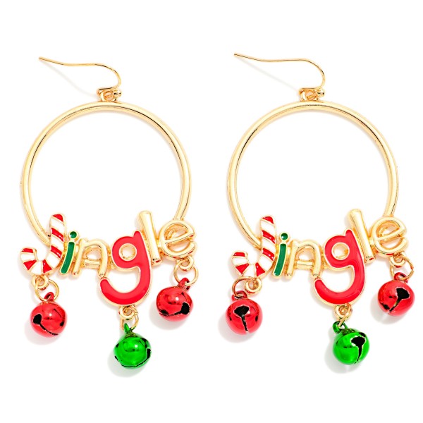 Jingle Bell Hoop Earrings featuring the word jingle in playful enamel lettering with tiny bell charms dangling below. Lightweight wire hoops keep them comfortable for all day wear while the bells add sweet movement. Made for holiday parties, teachers, Christmas concerts, and festive weekend outfits. A fun, affordable holiday statement that sells fast as a stocking stuffer or add on at checkout.