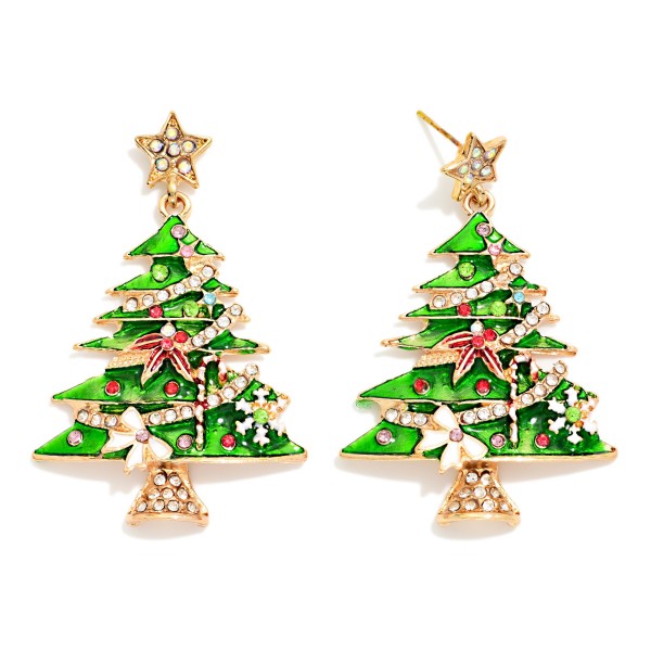 Enamel Christmas Tree Drop Earrings layered with painted detail, tiny ornaments, faux pearl accents, and a rhinestone star post on top. The tree hangs from the star for a playful dangle that catches the light. Perfect for holiday parties, school programs, church services, and Christmas Eve. A cheerful classic shape that shoppers reach for every season, making it an easy repeat seller in any holiday jewelry assortment.