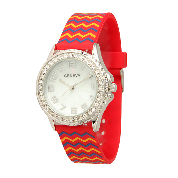 Wholesale silver red silicone watch blue yellow chevron print band white clear c