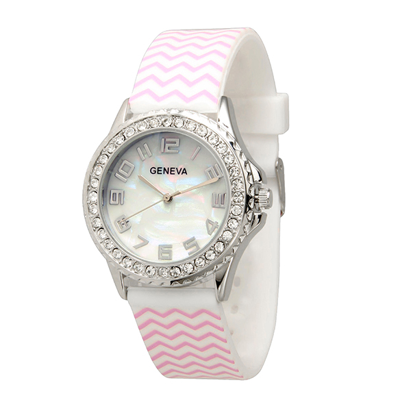 Wholesale silver white silicone watch light pink chevron print band white clear