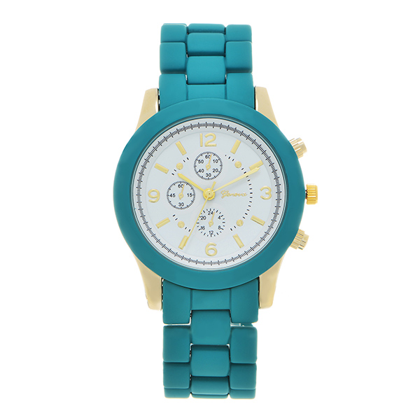 Teal ceramic silicone band watch with a 1 1/2" watch face.