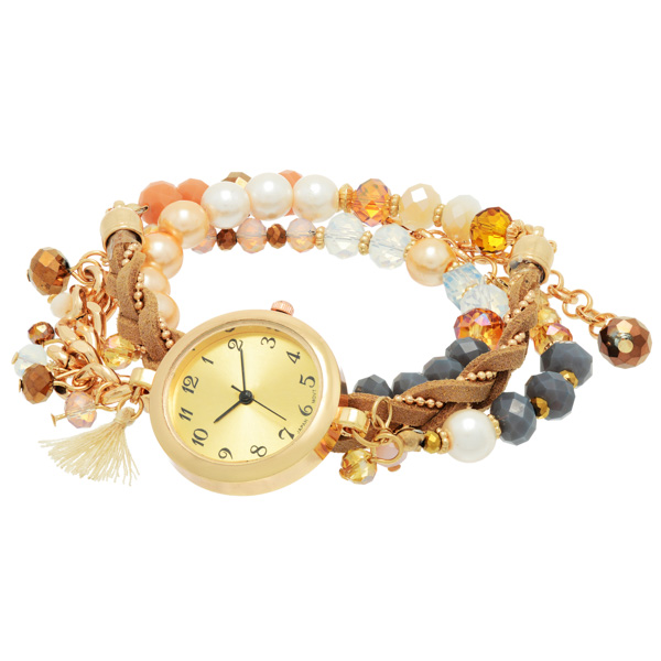 Tan, gray, and topaz wrap watch bracelet with czech beads, a braided cord, and a 1" gold tone watch face.