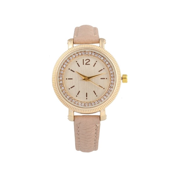 Beige thin strap genuine leather band watch with a rhinestone 1 1/4" gold tone face.