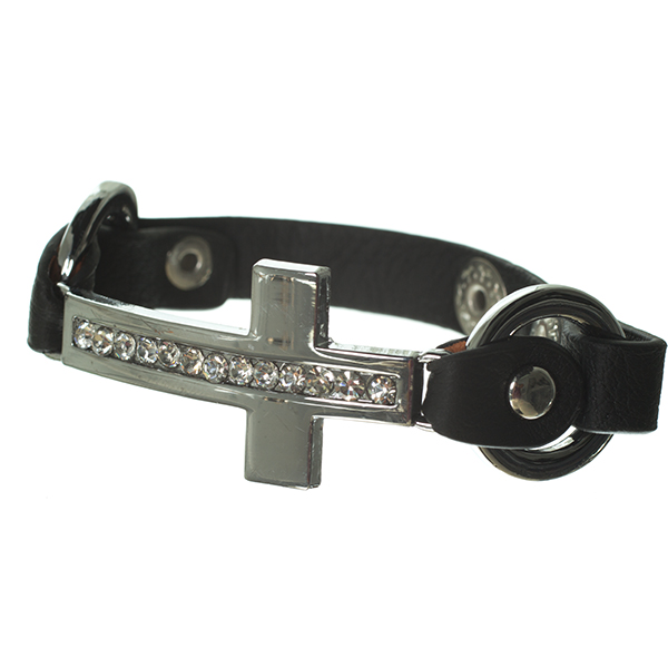 Wholesale black faux leather bracelet silver snaps links silver cross studded cr