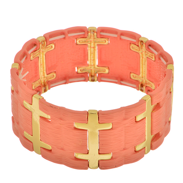 1" Wide pale pink and gold tone watch chain style stretch bracelet.