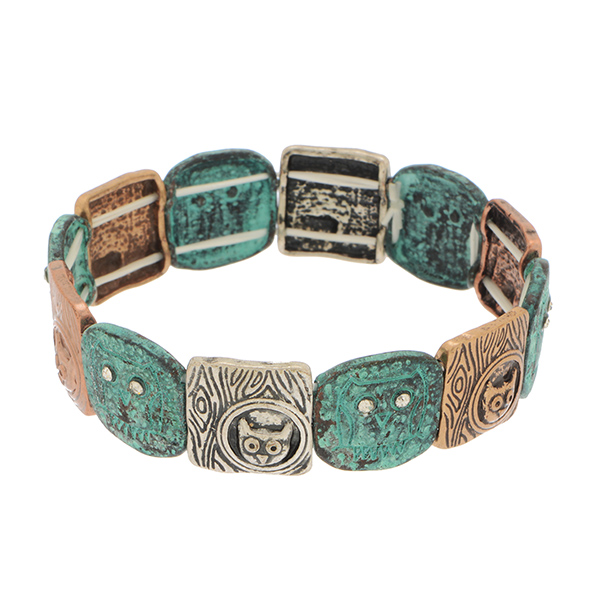 Wholesale patina copper silver gold stretch bracelet square owl crystal clear rh
