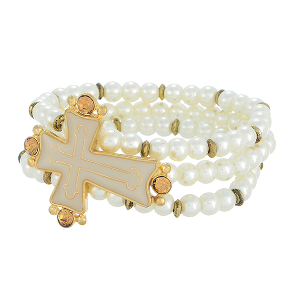 Wholesale row ivory pearl bracelet beige cross gold tones