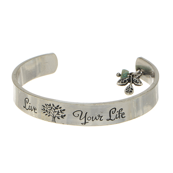 Wholesale worn silver cuff bracelet engraved Live life accenting leaf charms