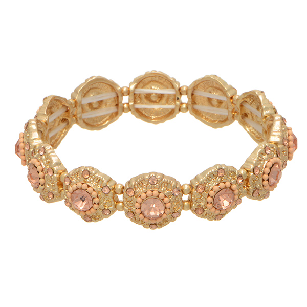 Wholesale gold stretch bracelet peach round glass stones bead