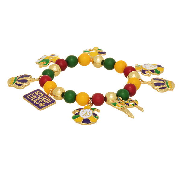 Wholesale stretch bracelet multicolored beads Mardi Gras inspired charms