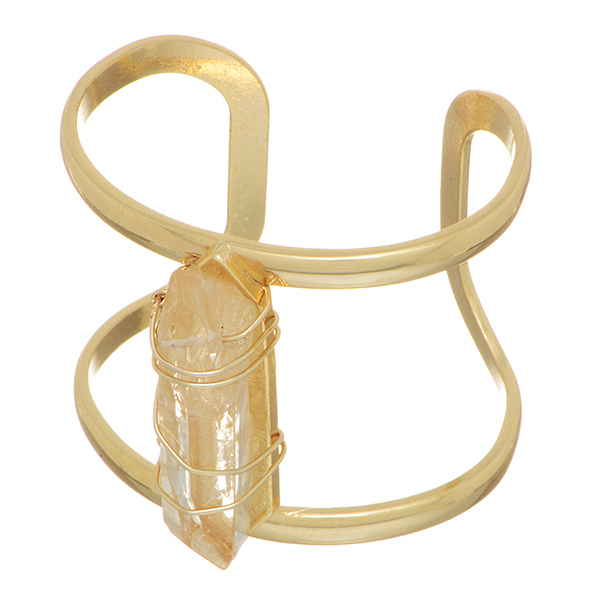 Gold tone cuff bracelet featuring a large champagne wire wrapped natural stone.