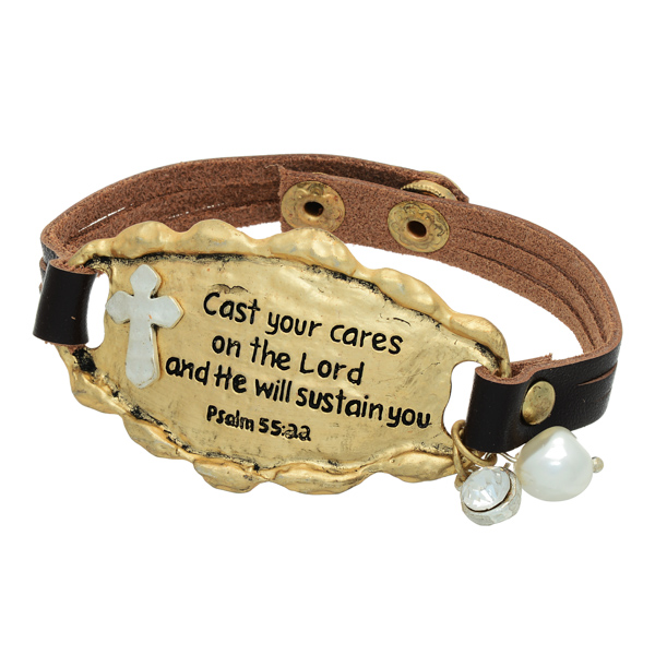 Wholesale brown faux leather cuff bracelet textured gold plate stamped Cast care