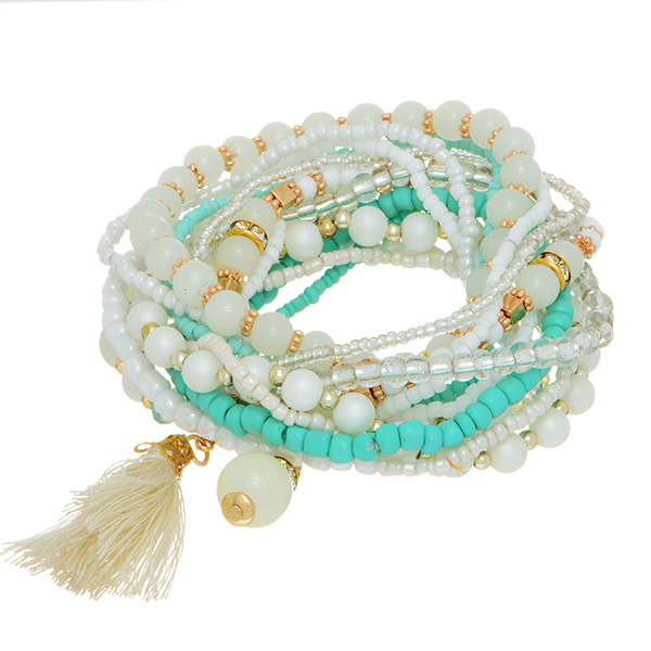 Wholesale stretch bracelet ivory mint green beads ivory tassel accent