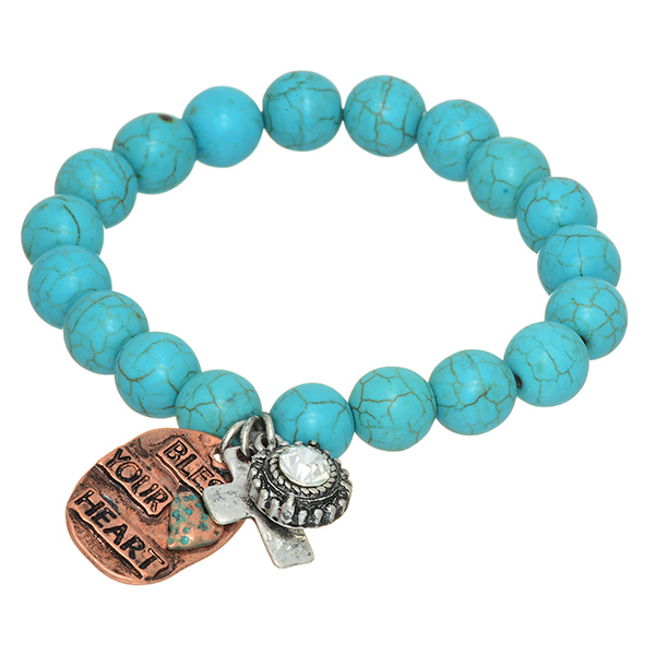 Wholesale stretch bracelet turquoise beads burnished silver cross charm rhinesto