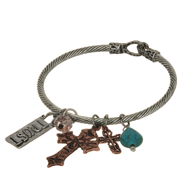 Wholesale burnished silver twisted latch bangle bracelet turquoise clear bead co