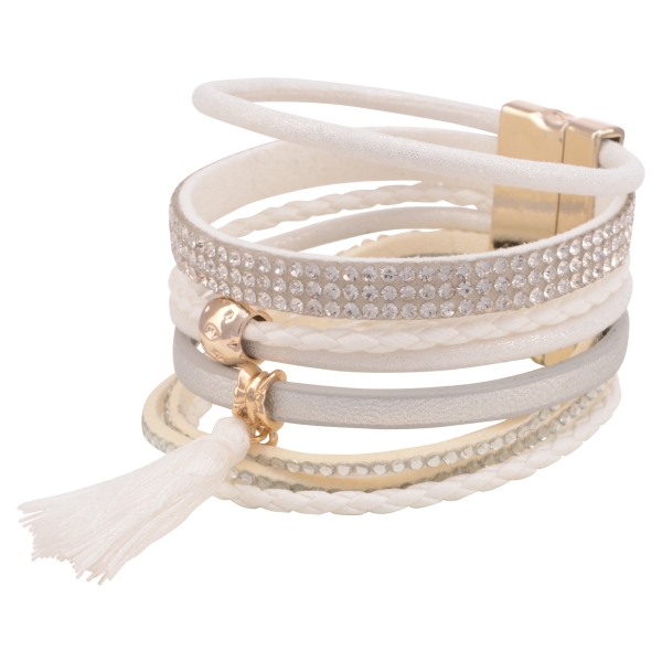 Gold tone cuff bracelet featuring a white braided cord, a beaded row, a silver faux leather row with a tassel, and a rhinestone row with a magnetic snap closure. Approximately 7 1/2" in length.
