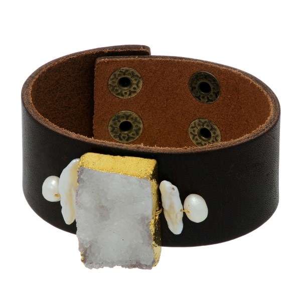 Wholesale brown leather cuff bracelet white druzy quartz stone faux pearl accent