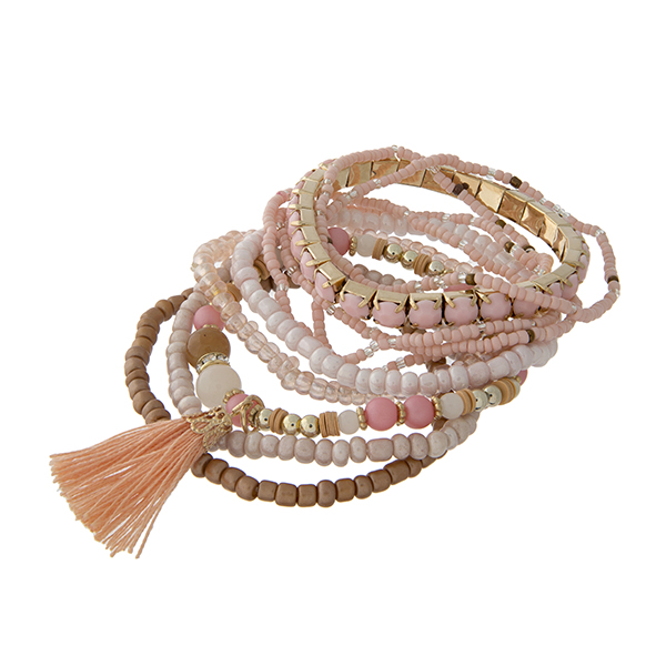 Wholesale pink natural beaded multiple strand stretch bracelet mini tassel