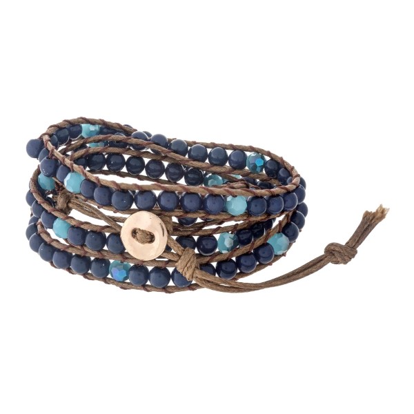 Wholesale brown cord wrap bracelet blue navy beads