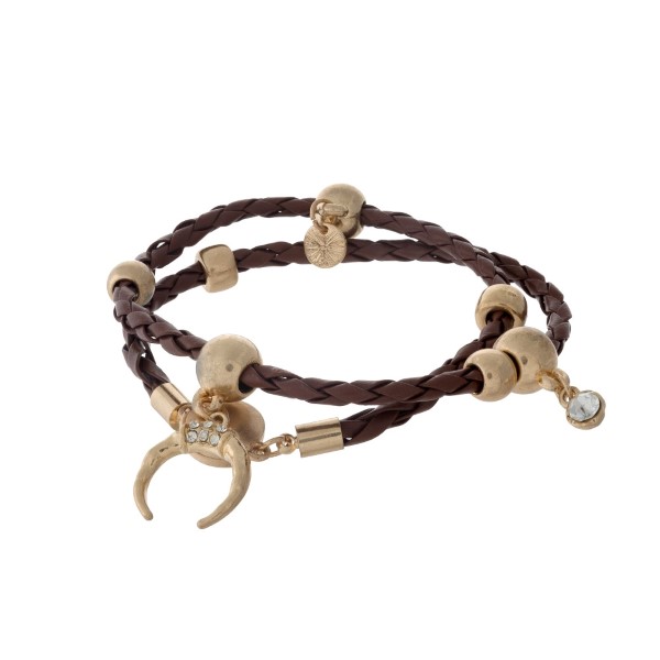 Brown braided cord wrap bracelet with gold tone hardware. 