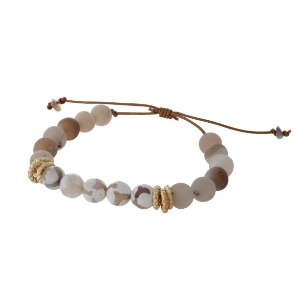 Brown cord adjustable bracelet with matte gray and giraffe beads. Handmade in the USA. 