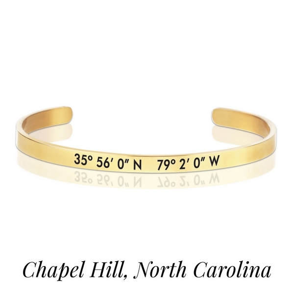 Wholesale gold cuff bracelet stamped coordinates Chapel Hill North Carolina