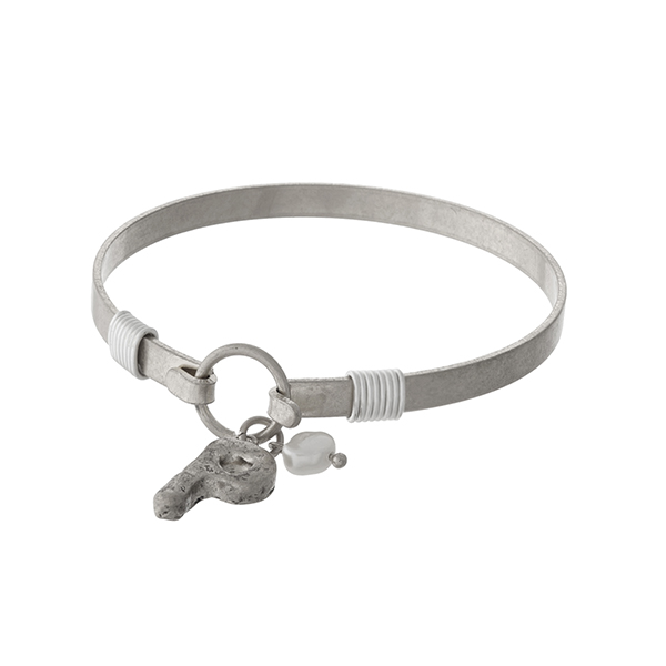 Silver tone bangle bracelet with a hook closure, a block 'P' charm, and a pearl bead accent. 