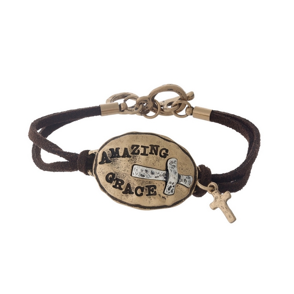 Wholesale brown cord bracelet displaying gold oval stamped Amazing Grace toggle
