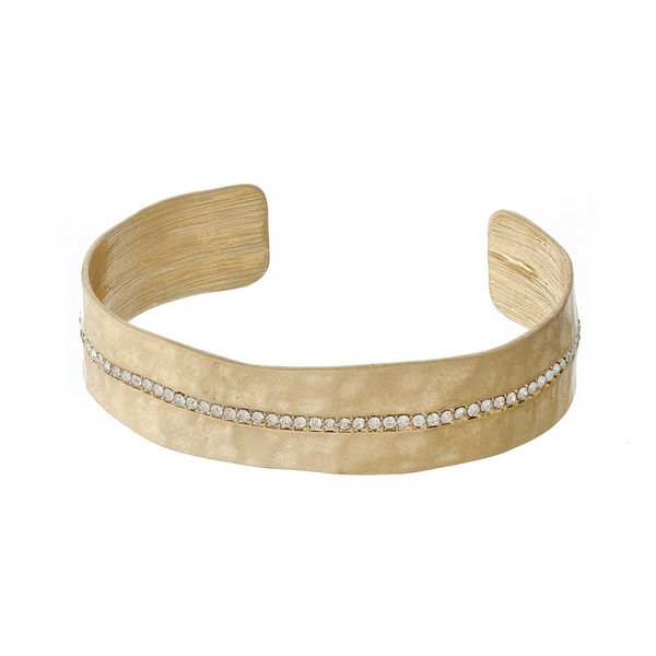 Hammered gold tone cuff bracelet with clear rhinestone detailing. 