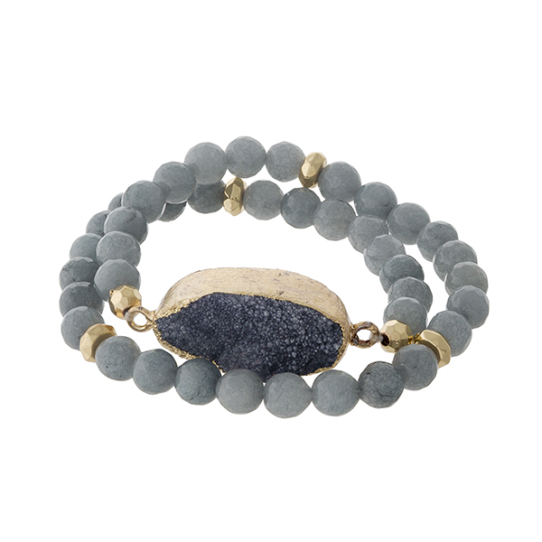 Wholesale gray natural stone beaded wrap bracelet gold accents gray druzy stone