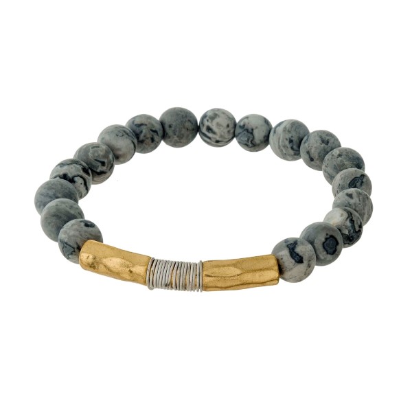 Wholesale natural stone beaded stretch bracelet gold hammered bar