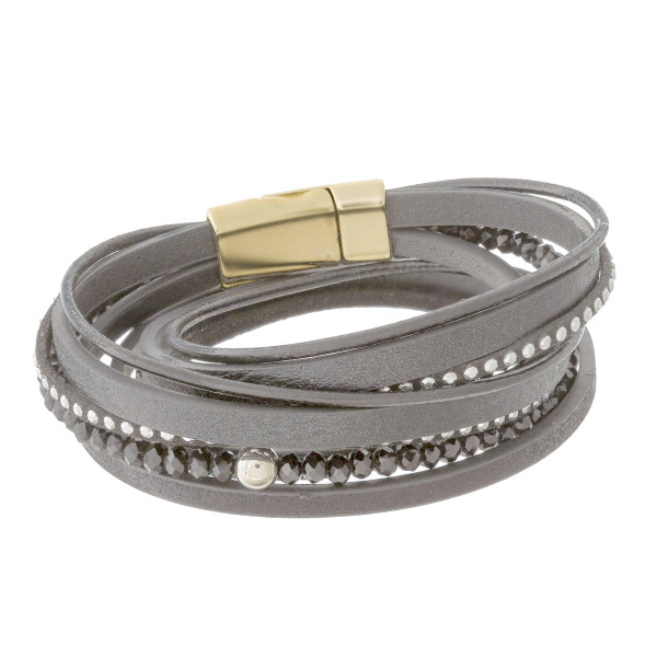 Wholesale faux leather magnetic wrap bracelet beaded silver accents