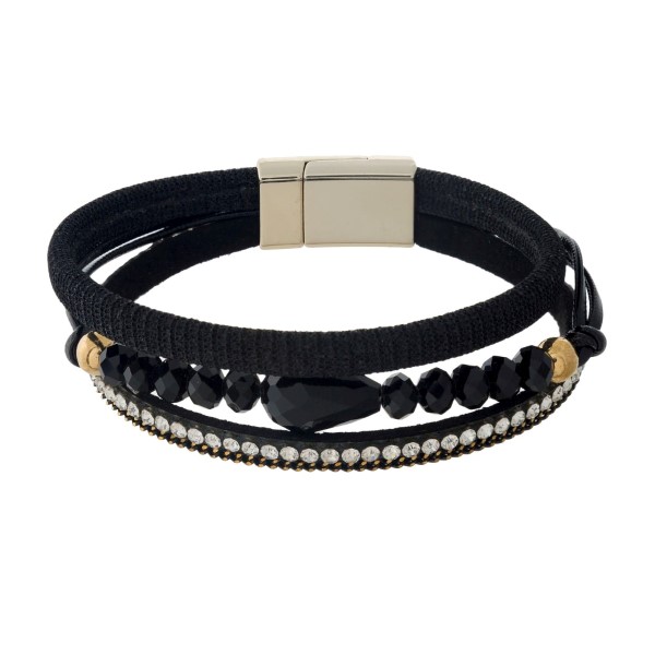 Wholesale thin faux leather magnetic bracelet shimmer accents faceted beads