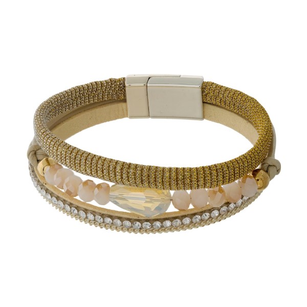 Wholesale thin faux leather magnetic bracelet shimmer accents faceted beads