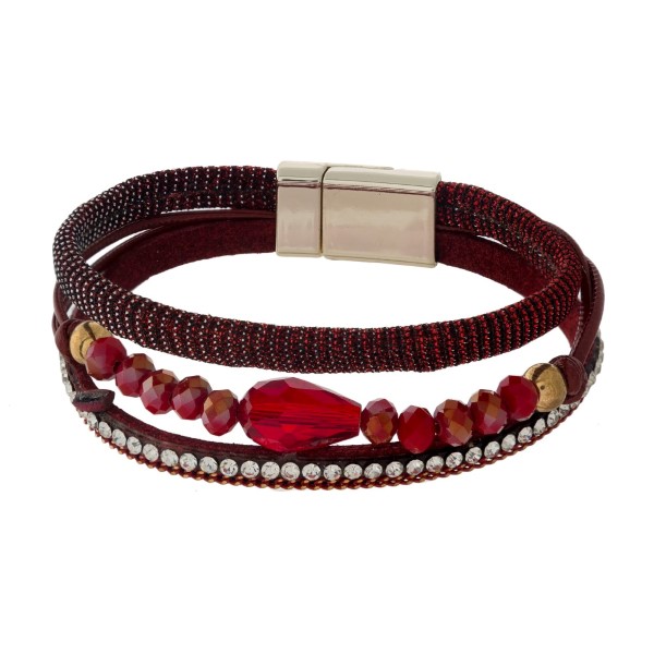 Wholesale thin faux leather magnetic bracelet shimmer accents faceted beads